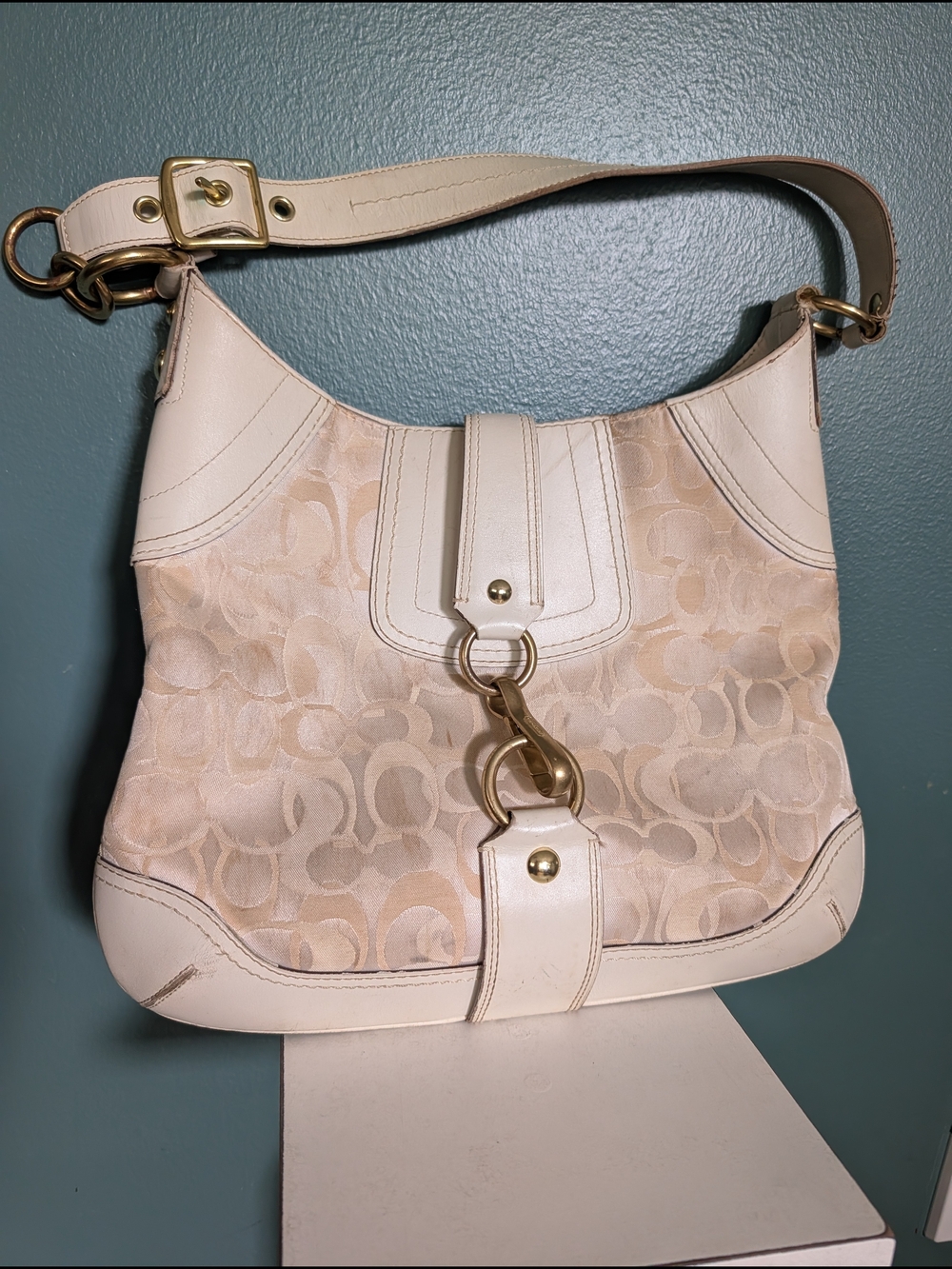 Coach Cream Signature Shoulder Hobo with Gold Hardware